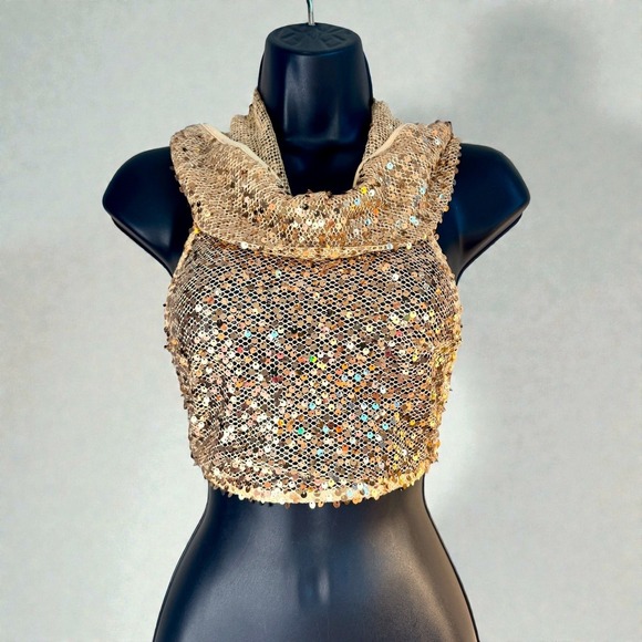 New Small Gold Sequin Cowl Neck Crop Top Festival Rave Glam Sheer Backless - Picture 4 of 7